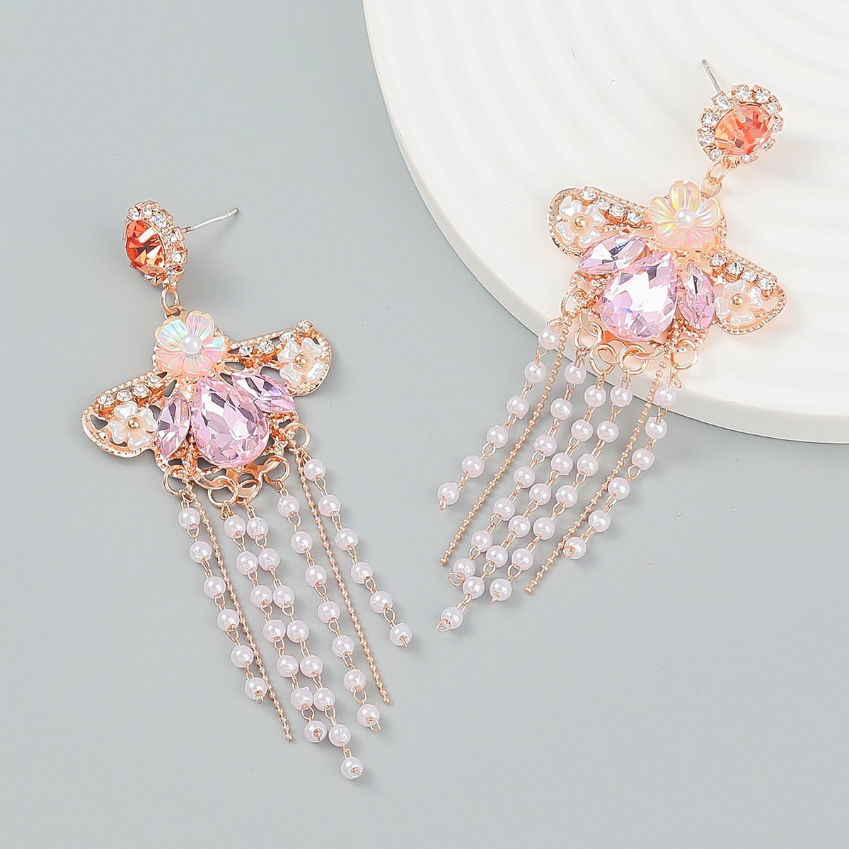 Large Rhinestone Tassel Drop Earrings